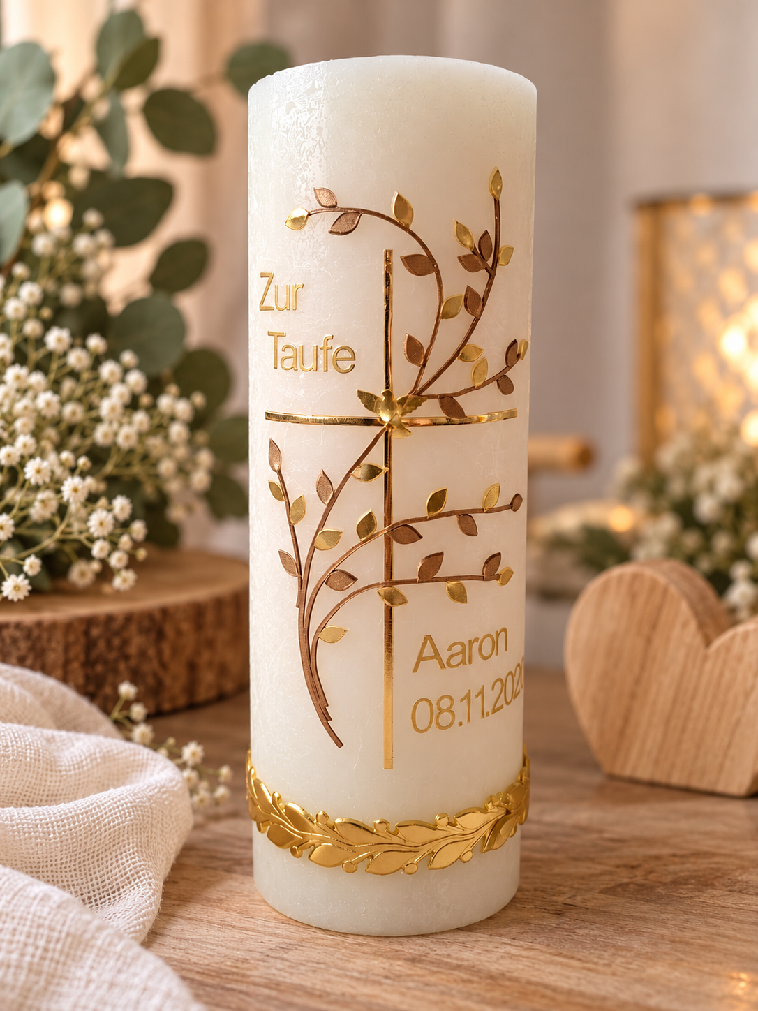 Personalisierte Taufkerze rustik cremeweiss| Kreuz mit Zweigen| braun &gold