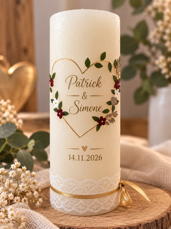 Hochzeitskerze Rustik personalisiert,,Herz Kranz mit Blumen"
