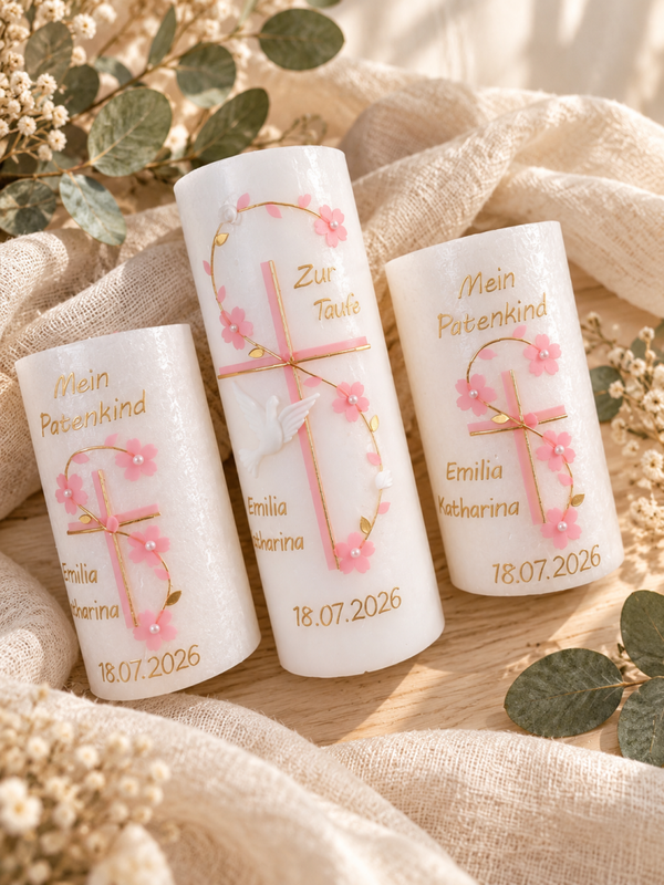 Taufkerze,Patenkerze Mädchen rustik personalisiert und Taufspruch,,rosa Kreuz mit Blumen"
