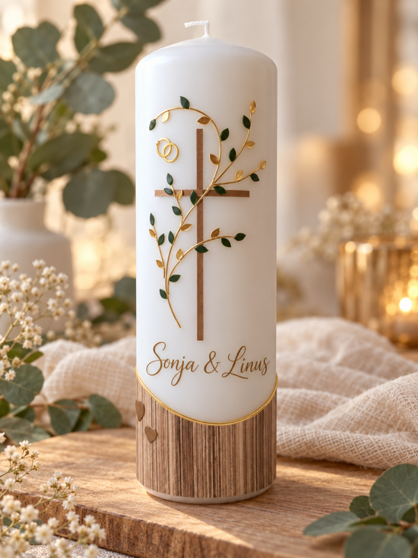 Hochzeitskerze mit Baumstamm Optik, personalisiert,,Kreuz mit Zweige''