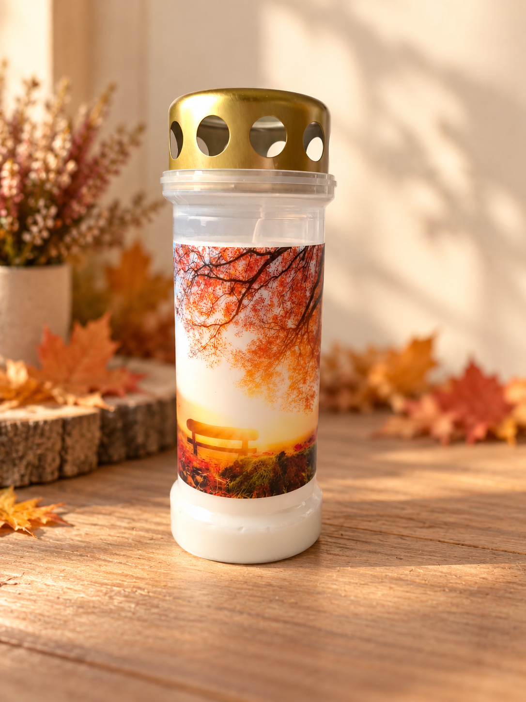 🕯️ Grablicht mit Sonnenuntergang und Bank von Bolsius – Ein Licht der Erinnerung 🍂🤍 70 Stunden Brenndauer