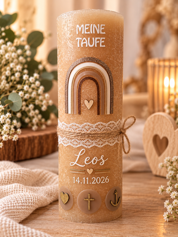 Taufkerze rustik kerze junge personalisiert und Taufspruch| Regenbogen| Vintage-Design