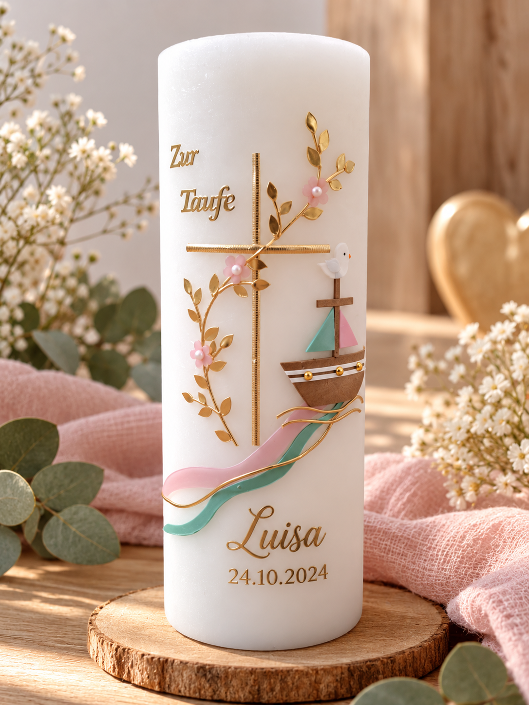 Taufkerze Rustik weiss personalisiert Kreuz mit Blumenranke &Schiff