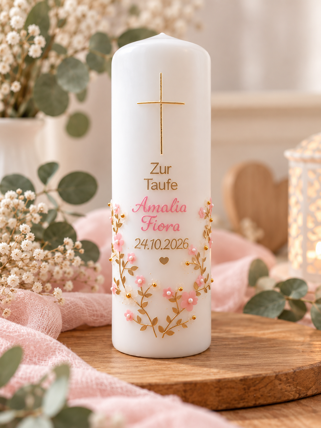 Taufkerze, Patenkerze Mädchen personalisiert gold,rosa mit Kreuz und Blumen