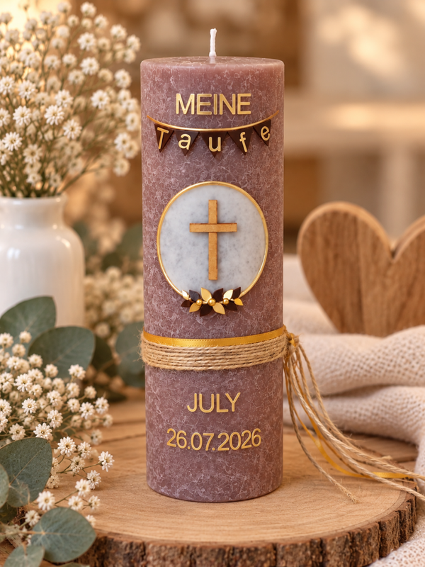 Taufkerze, Patenkerze rustik braune Kerze, personalisiert Mädchen/Junge Bräune Kerze ,,Kranz mit Kreuz"