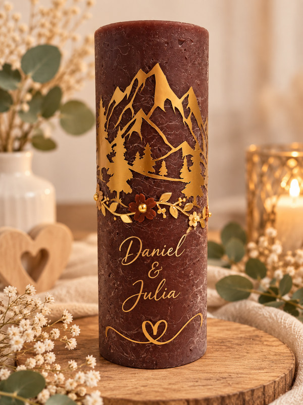 🏔️ Hochzeitskerze „Gemeinsam durchs Leben“ – Liebe, die Berge versetzt 🤎✨
