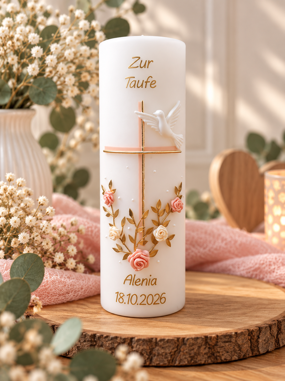 Taufkerze rustik Mädels weiss personalisiert goldenes Kreuz mit Rosen