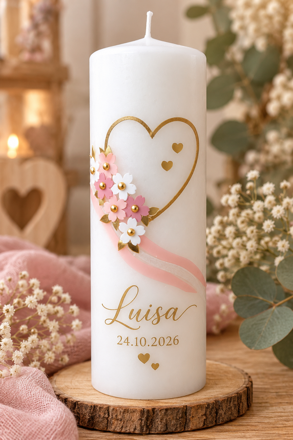 Personalisierte Taufkerze rustik| Herzen & Blumen