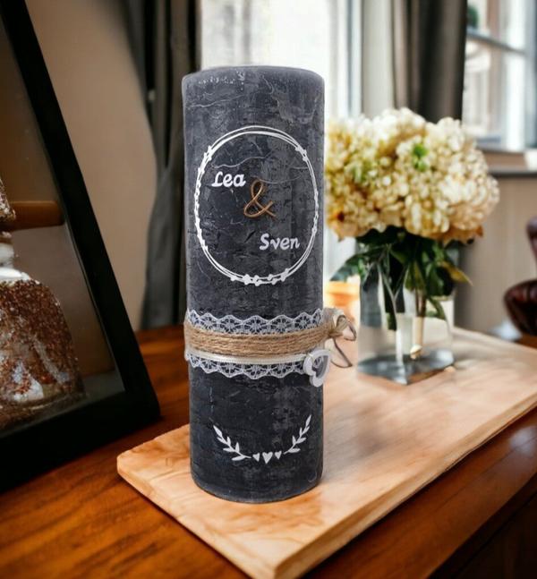 Hochzeitskerze rustik dunkelgrau mit Kranz