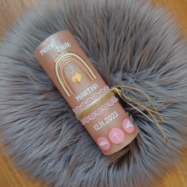 Taufkerze Mädchen Rustik rosa Vintage personalisiert mit Spruch,,Regenbogen''