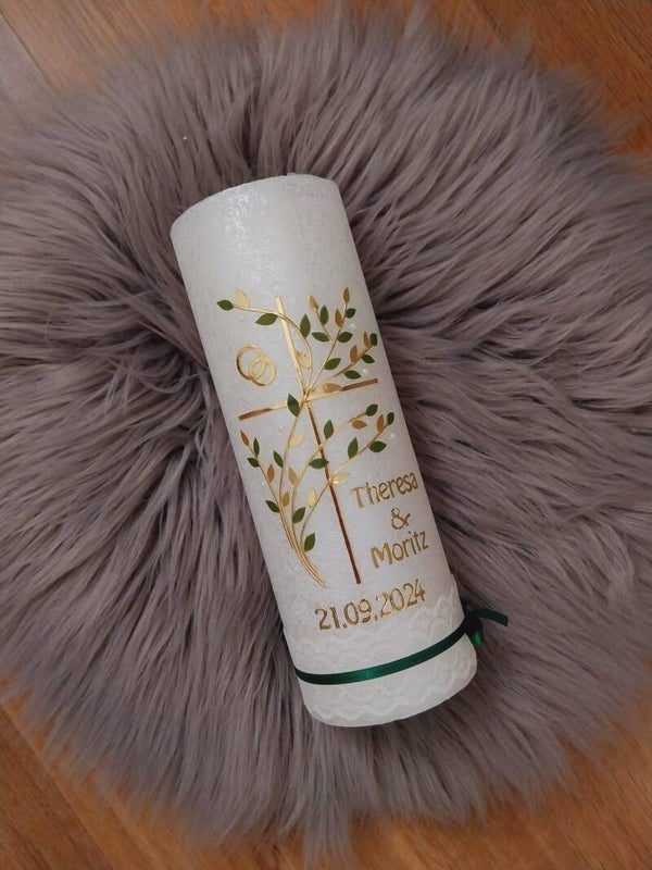Hochzeitskerze rustik weiss Glanz ,,Kreuz mit Zweigen"