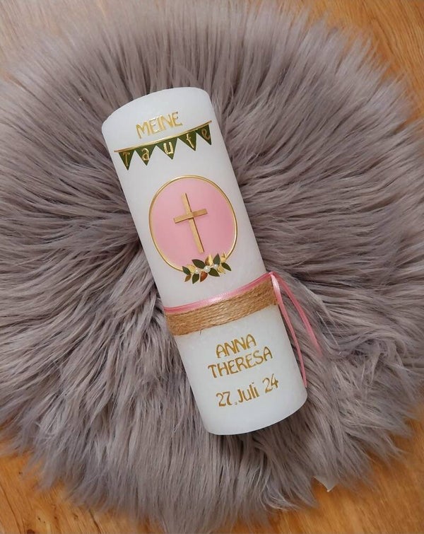 Taufkerze Mädchen rustik ,,rosa Kranz mit Kreuz"