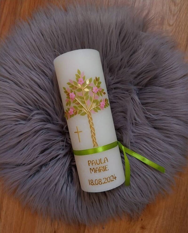 Taufkerze Mädchen rustik ,,grün rosa Lebensbaum"