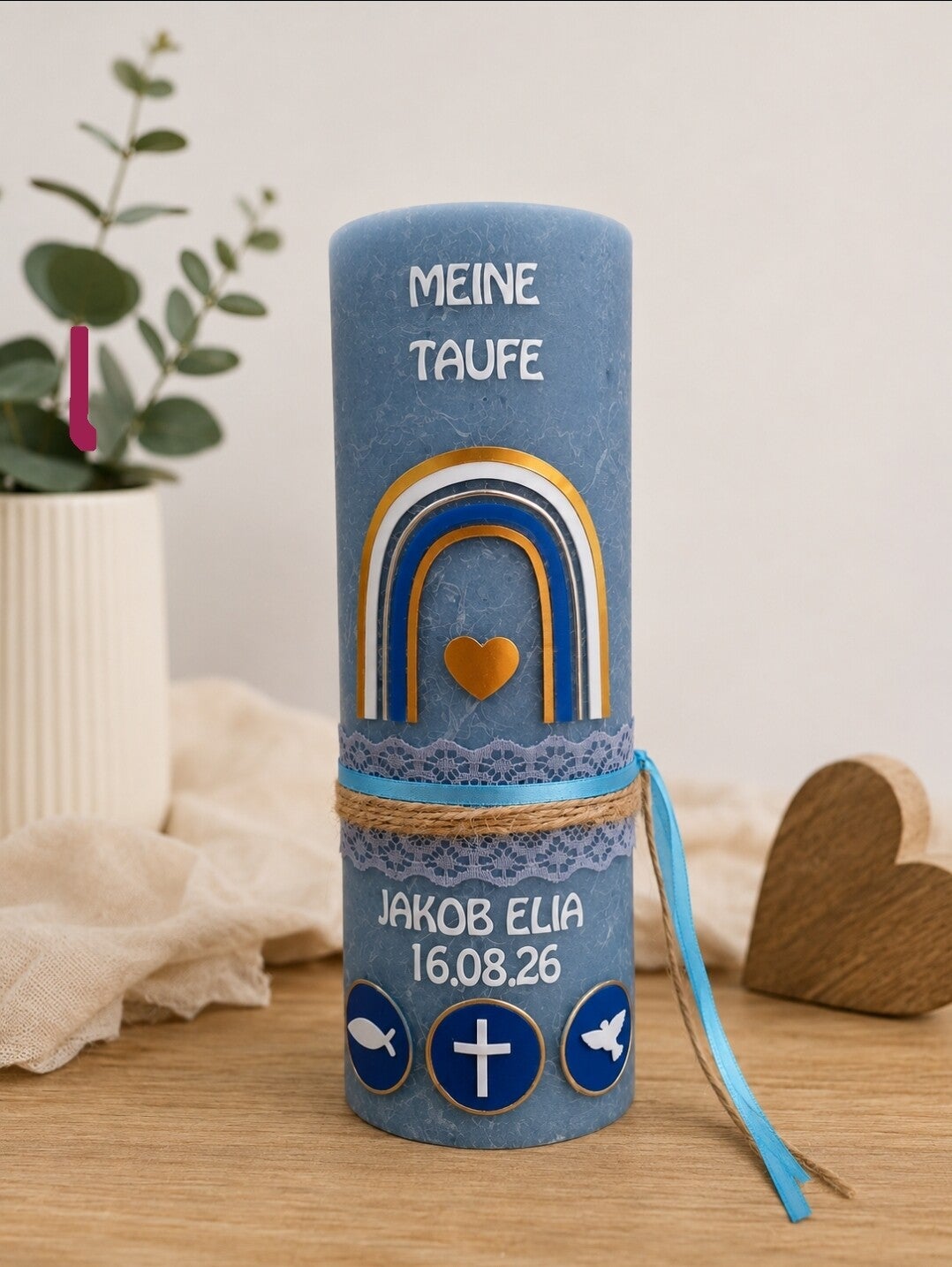 Taufkerze junge Rustik blau personalisierte,,Regenbogen blau"