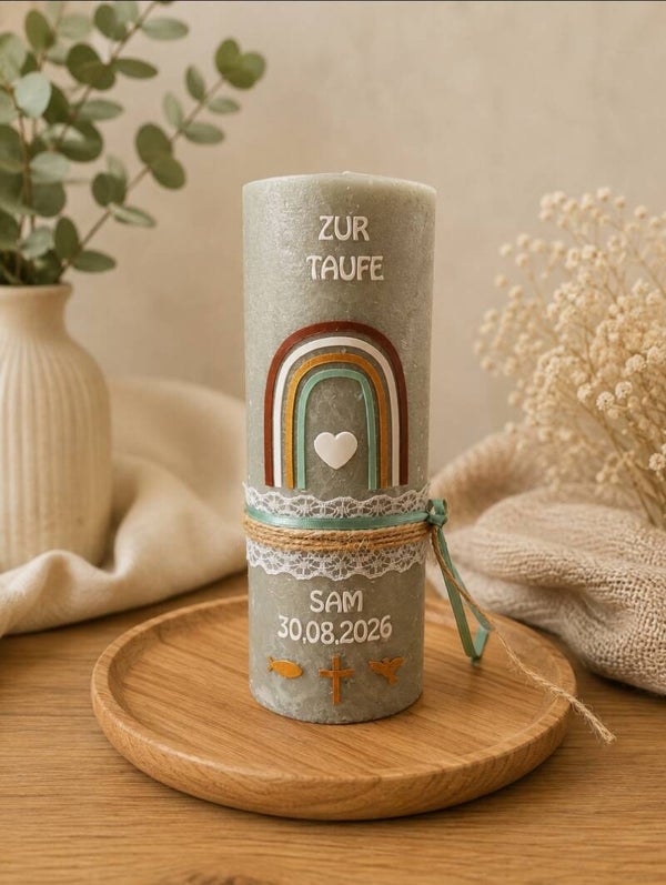 Taufkerze Junge Rustik personalsisiert grün Vintage ,,Regenbogen''