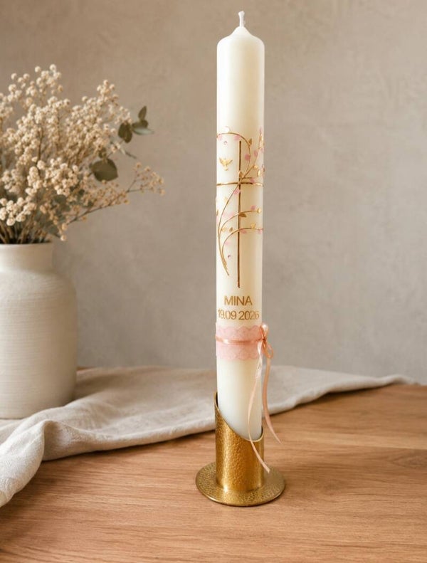 Kommunionkerze Taufkerze Mädchen personalisiert,,goldenes Kreuz mit rosa gold Zweigen "