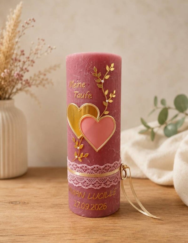 Taufkerze Mädchen Rustik rosa personalisiert,,mit 2 Herzen''