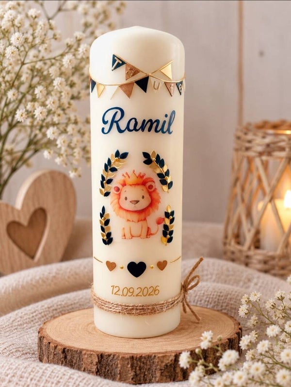Edle Taufkerze mit Löwenmotiv in Gold & Dunkelblau 🦁💙