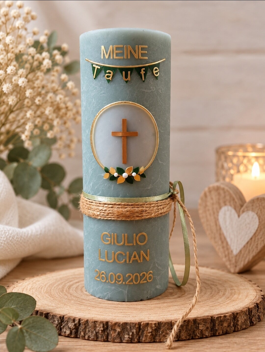 Taufkerze Mädchen/Junge personalisiert mit Spruch,,Kranz mit Kreuz"