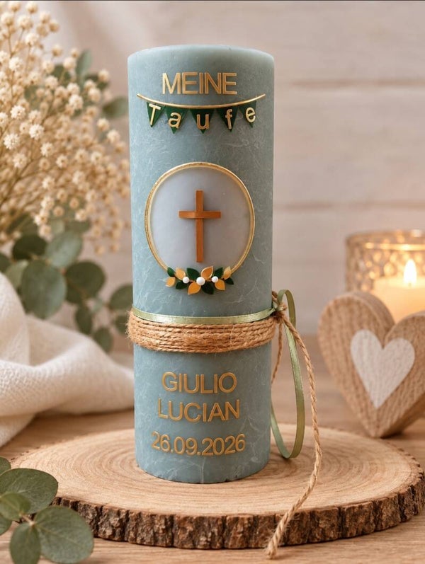 Taufkerze Mädchen/Junge personalisiert mit Spruch,,Kranz mit Kreuz"