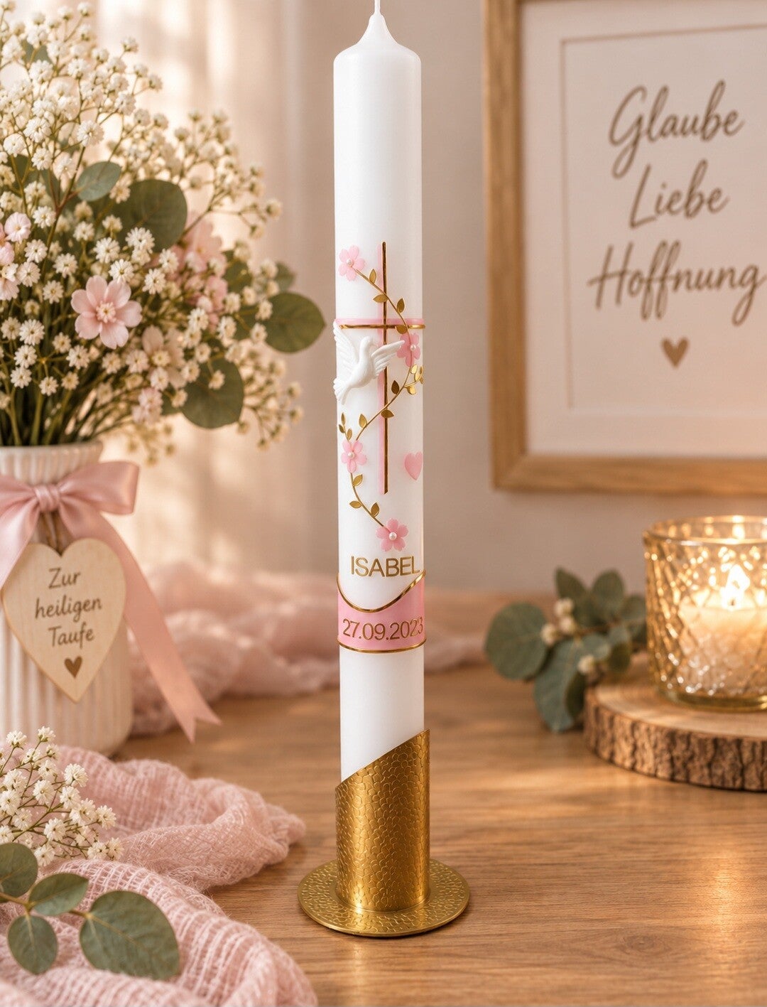 kommunionskerze Mädchen Taufkerze rosa kreuz Blumen