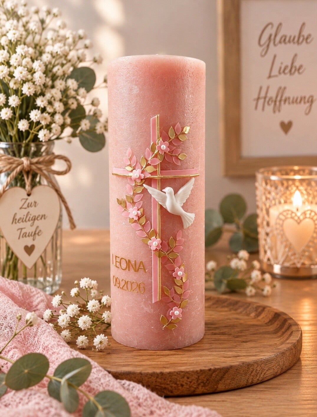 Taufkerze rustik rosa- personalisiert - Kreuz, Blumenrank & Taube