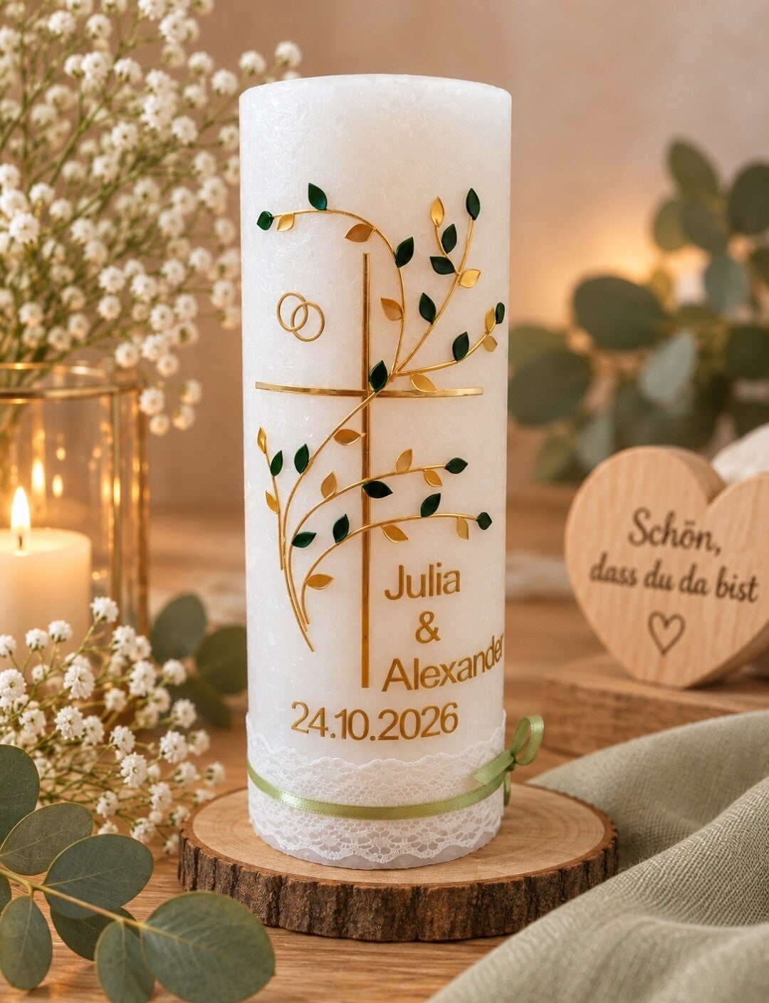 Hochzeitskerze rustik weiss Glanz personalisiert,,Kreuz mit Zweigen"