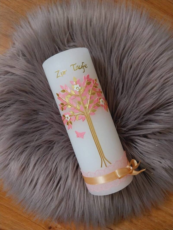 Taufkerze rustik Mädchen ,,rosa gold Lebensbaum''