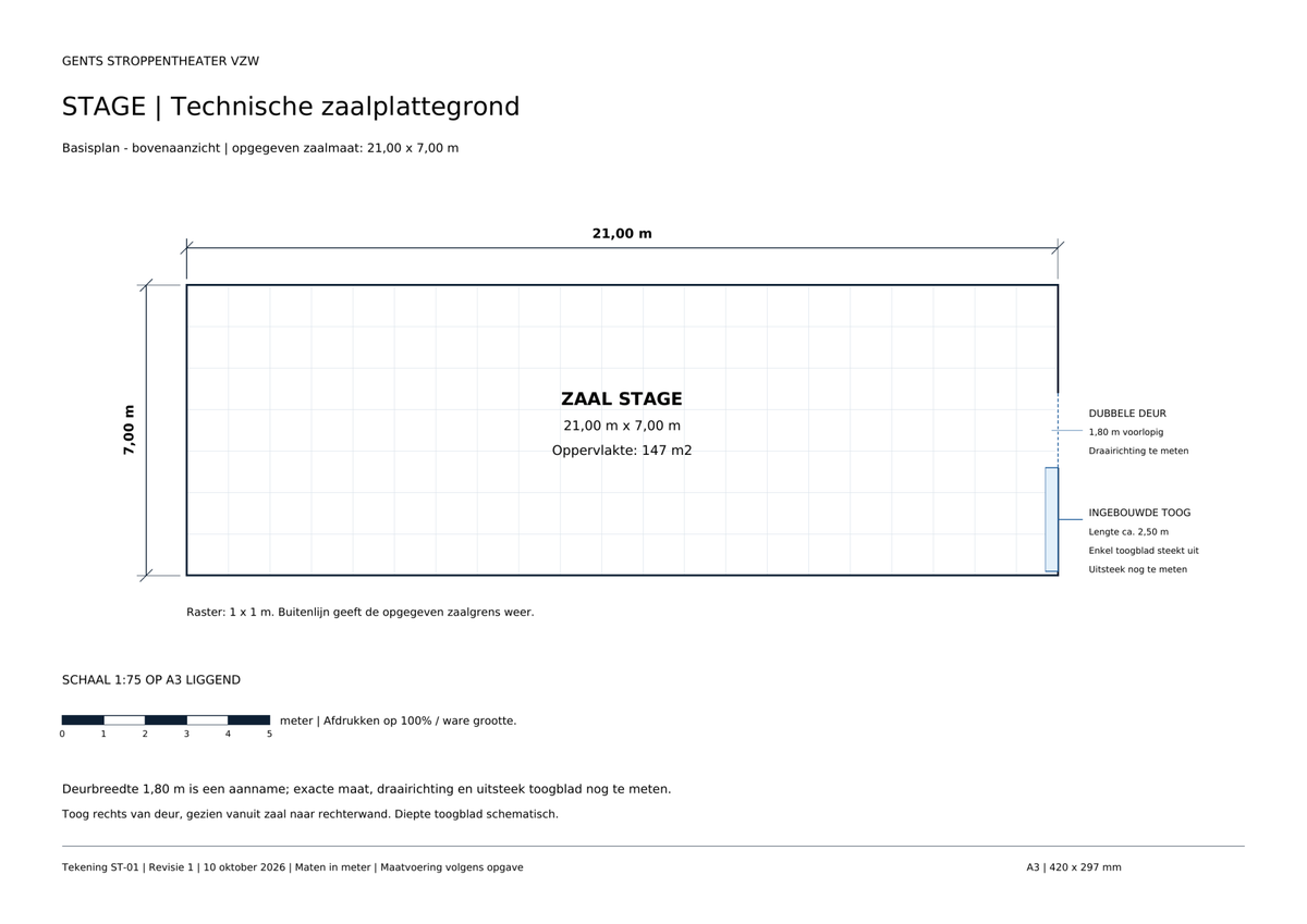 Technisch zaalplan voor STAGE, zaal van 21 bij 7 meter