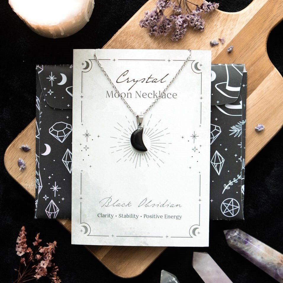 Obsidian Moon Necklace and Greeting Card