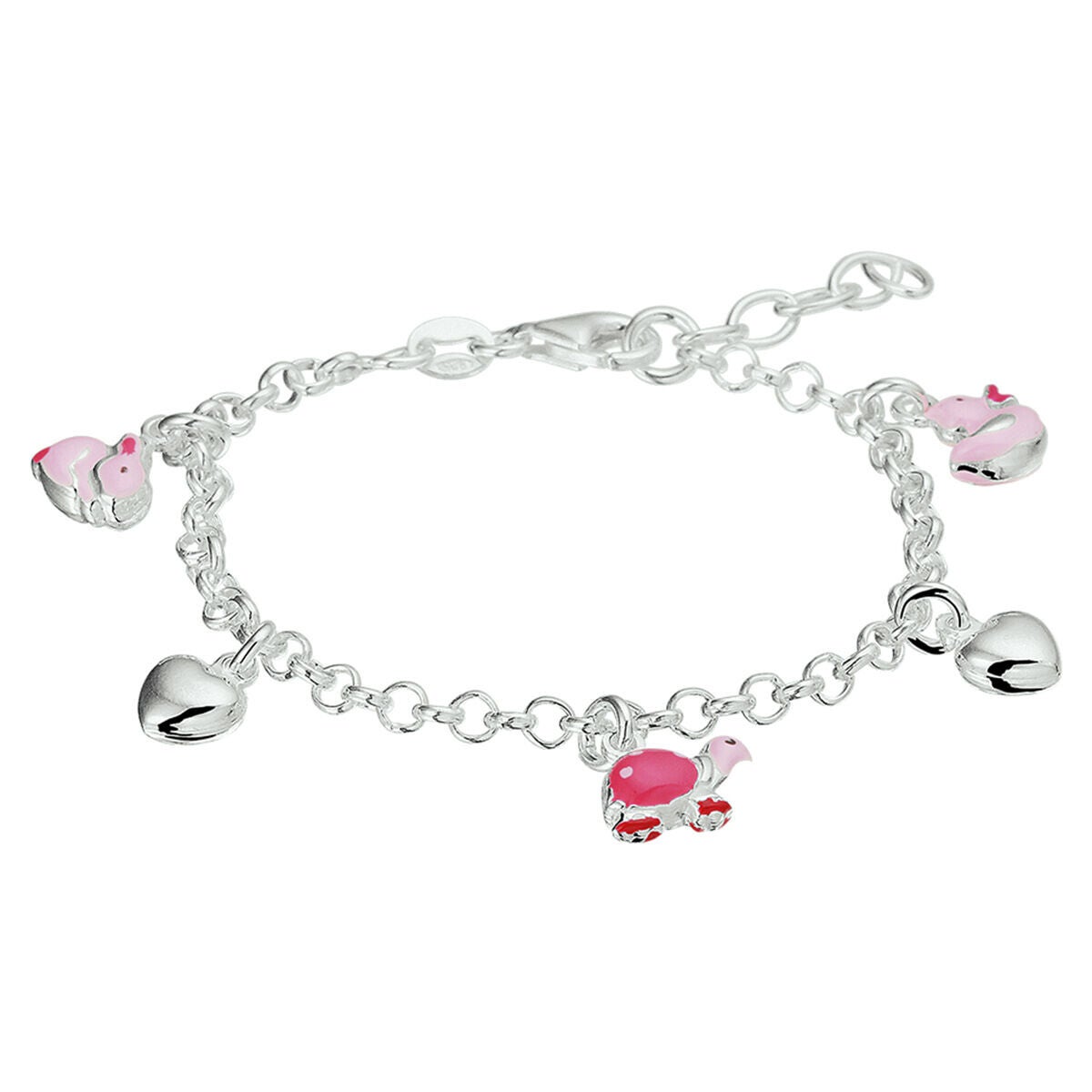 Zilveren armband met roze dieren bedels en hartjes