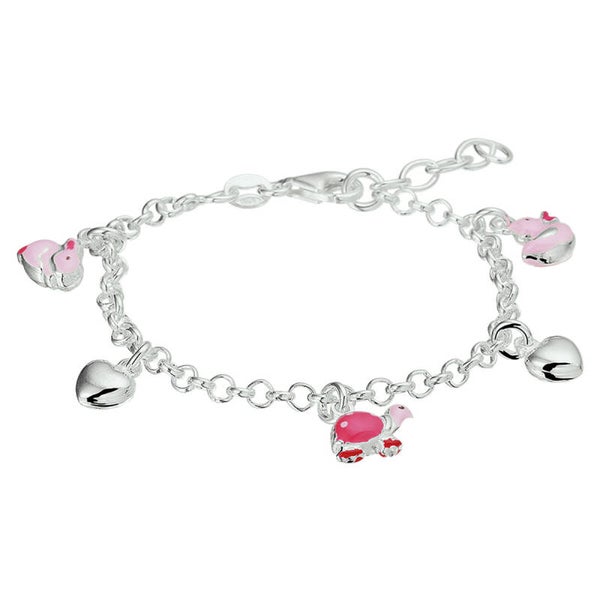 Zilveren armband met roze dieren bedels en hartjes