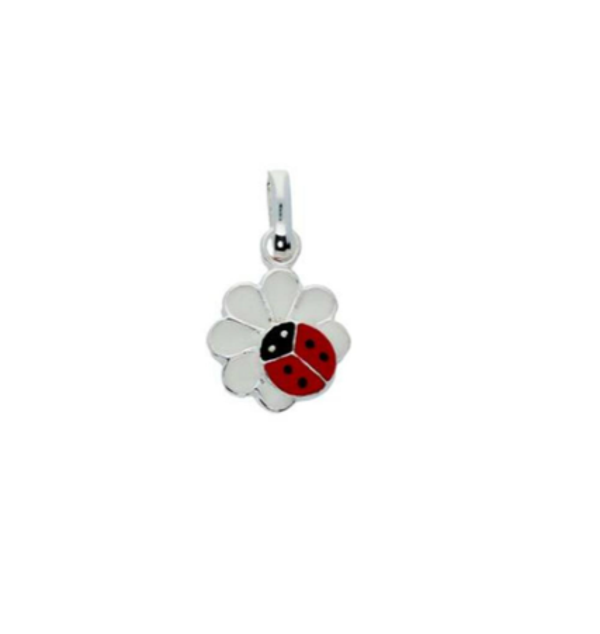 Zilveren hanger lieveheersbeestje met bloem