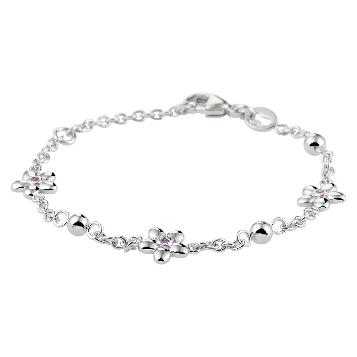Zilveren armband bloemetjes met roze zirconia