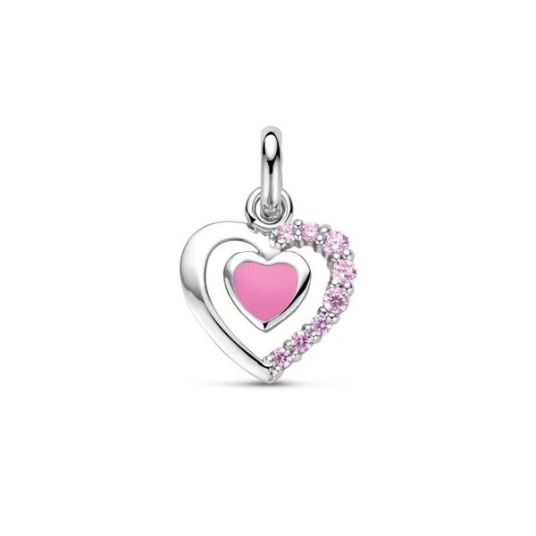 Zilveren hanger dubbel roze hartje met zirconia