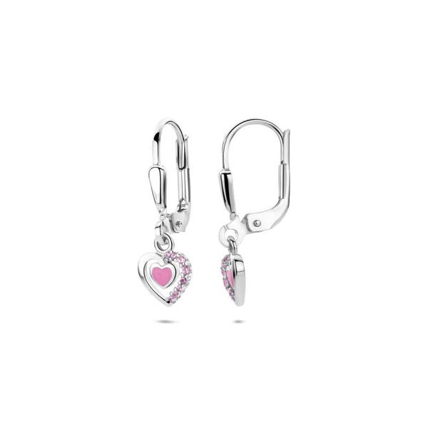 Zilveren oorringen dubbel roze hartje met zirconia