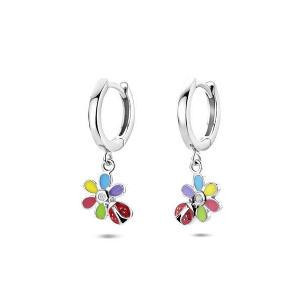 Zilveren oorringen bloem lieveheersbeestje met zirconia