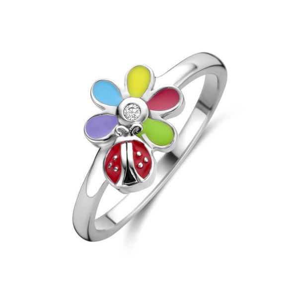 Zilveren ring bloem lieveheersbeestje met zirconia