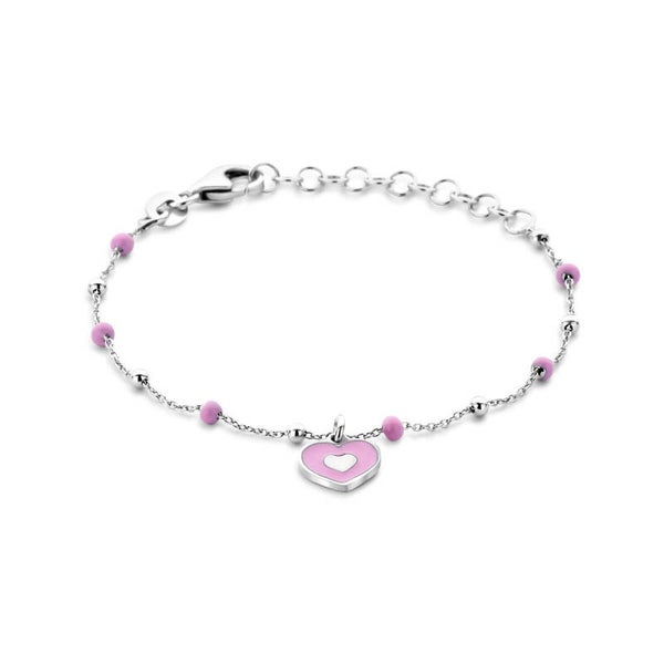 Zilveren armband roze hartje met roze bolletjes