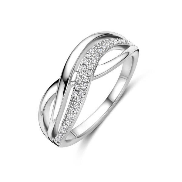 Zilveren ring crossed waves met zirconia