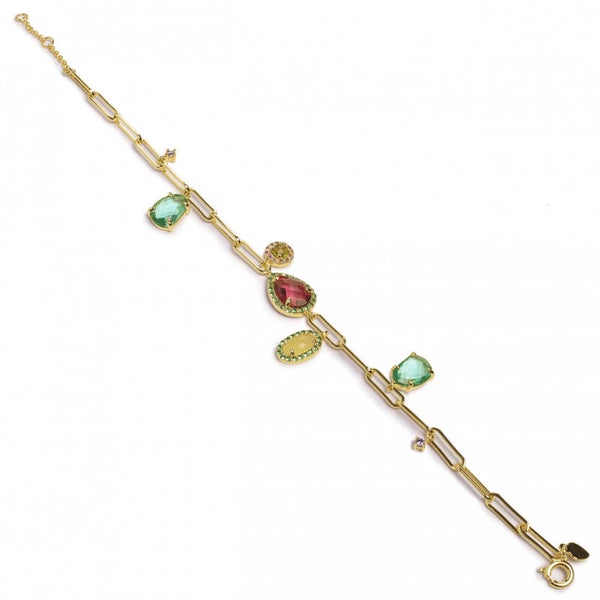 Vergulde paperclip armband met geaarde kleurstenen