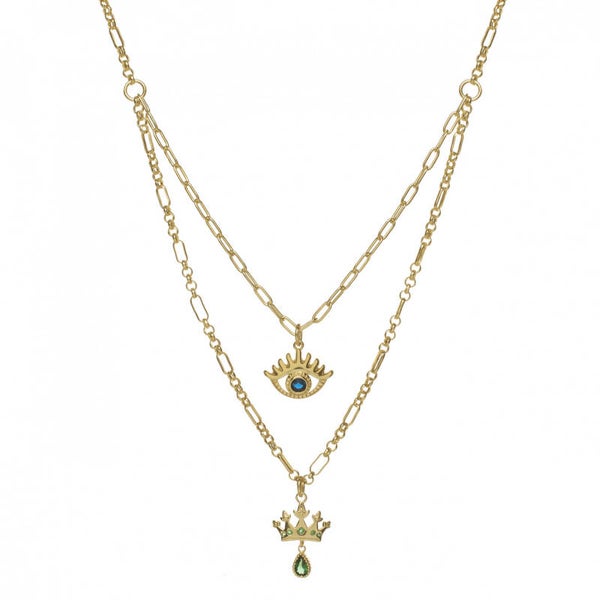 Vergulde dubbele ketting met oog en kroon hanger