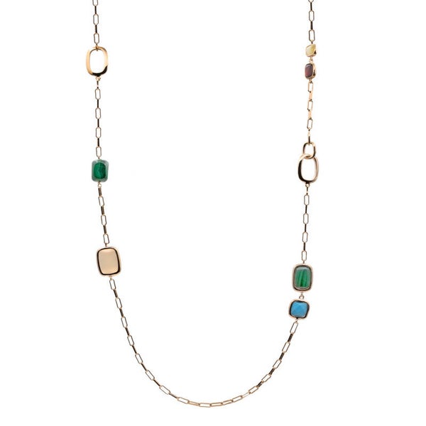 Vergulde lange ketting met koel gekleurde stenen