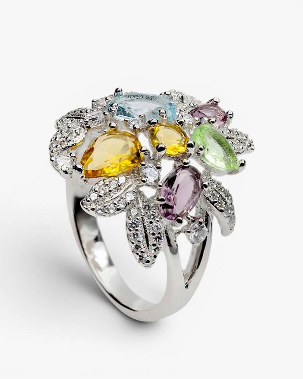 Zilveren ring floral met kleurstenen