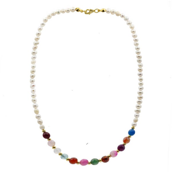 Vergulde ketting met multicolor stenen en parels