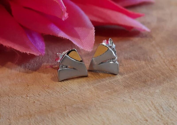 Zilveren driehoek waaier oorknoppen in bicolor met zirconia's