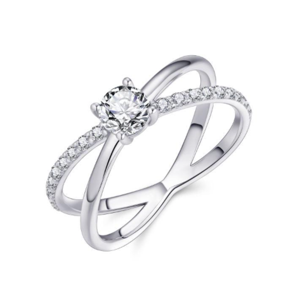 Zilveren gekruisde ring met zirconia's