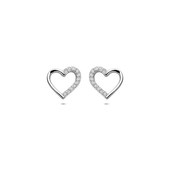 Zilveren oorknoppen met open hartje en zirconia's