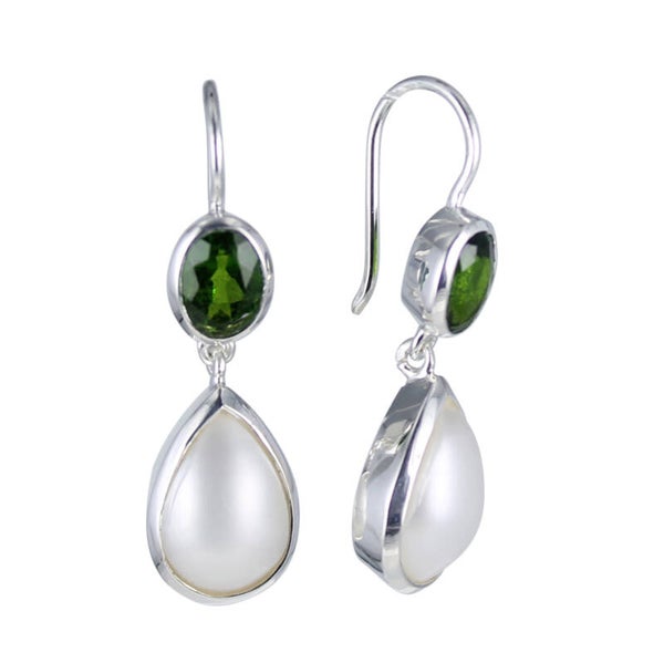 Zilveren oorhangers druppel met Parel en Chroomdiopside