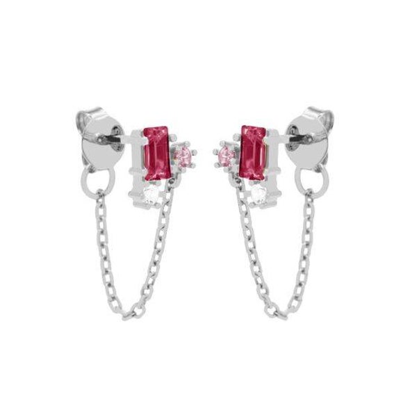 Zilveren oorknoppen Chain Big Spark Ruby Red